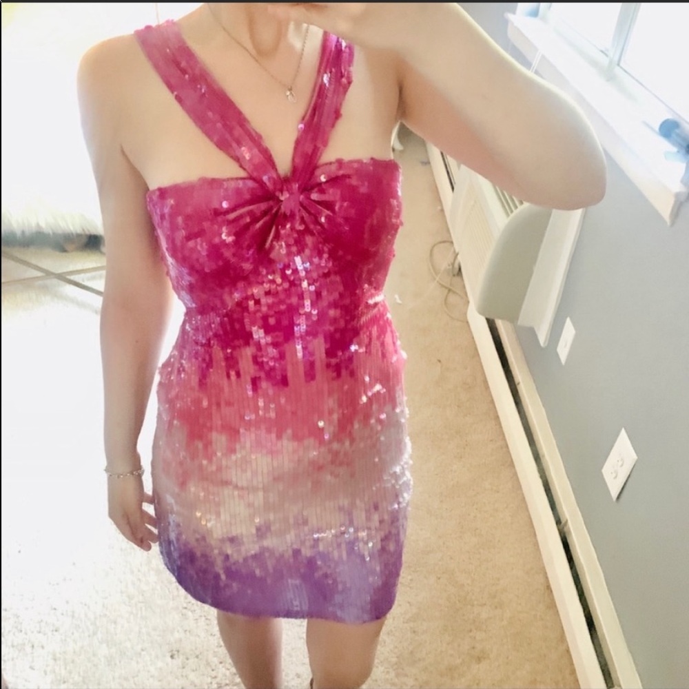 Aidan mattox pink ombré sequin halter dress